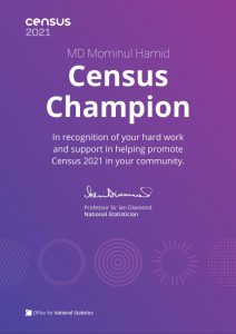 Read more about the article I got a Certificate of Census Champion 2021, UK